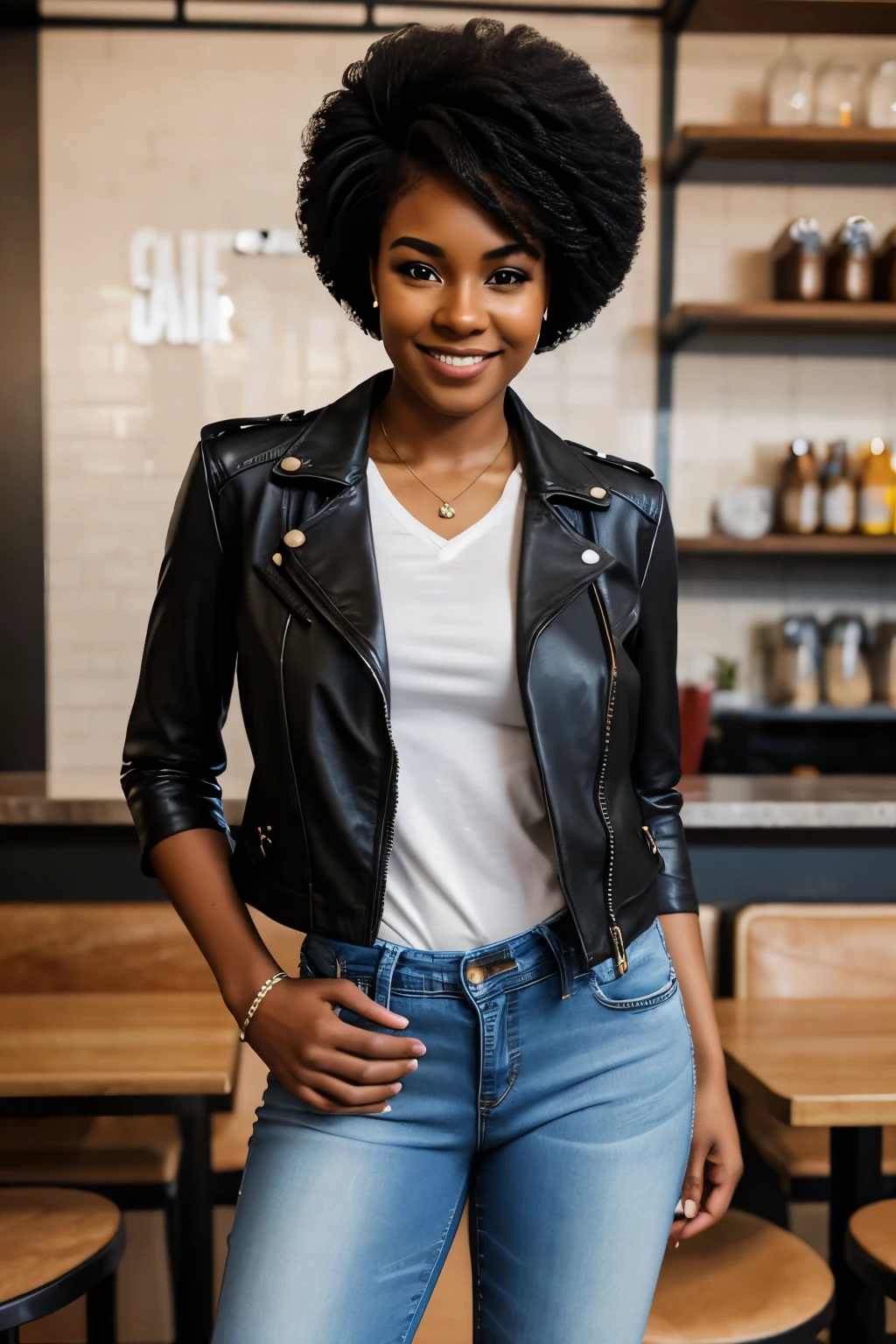 25 years old Afro-American woman, Smile, Afro hairstyle, Daily casual dressing with a short-sleeve leather jacket and long jeans, Skinny body, Standing pose, At the cafe, Day scene, High Resolution, High details, High Quality, Detailed Expression, POV.