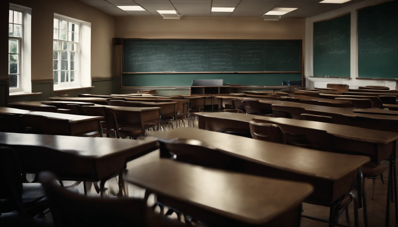 a high-resolution shot of an empty blackboard in a classroom setting, with rows of desks and chairs, conveying a sense of potential and opportunity for learning