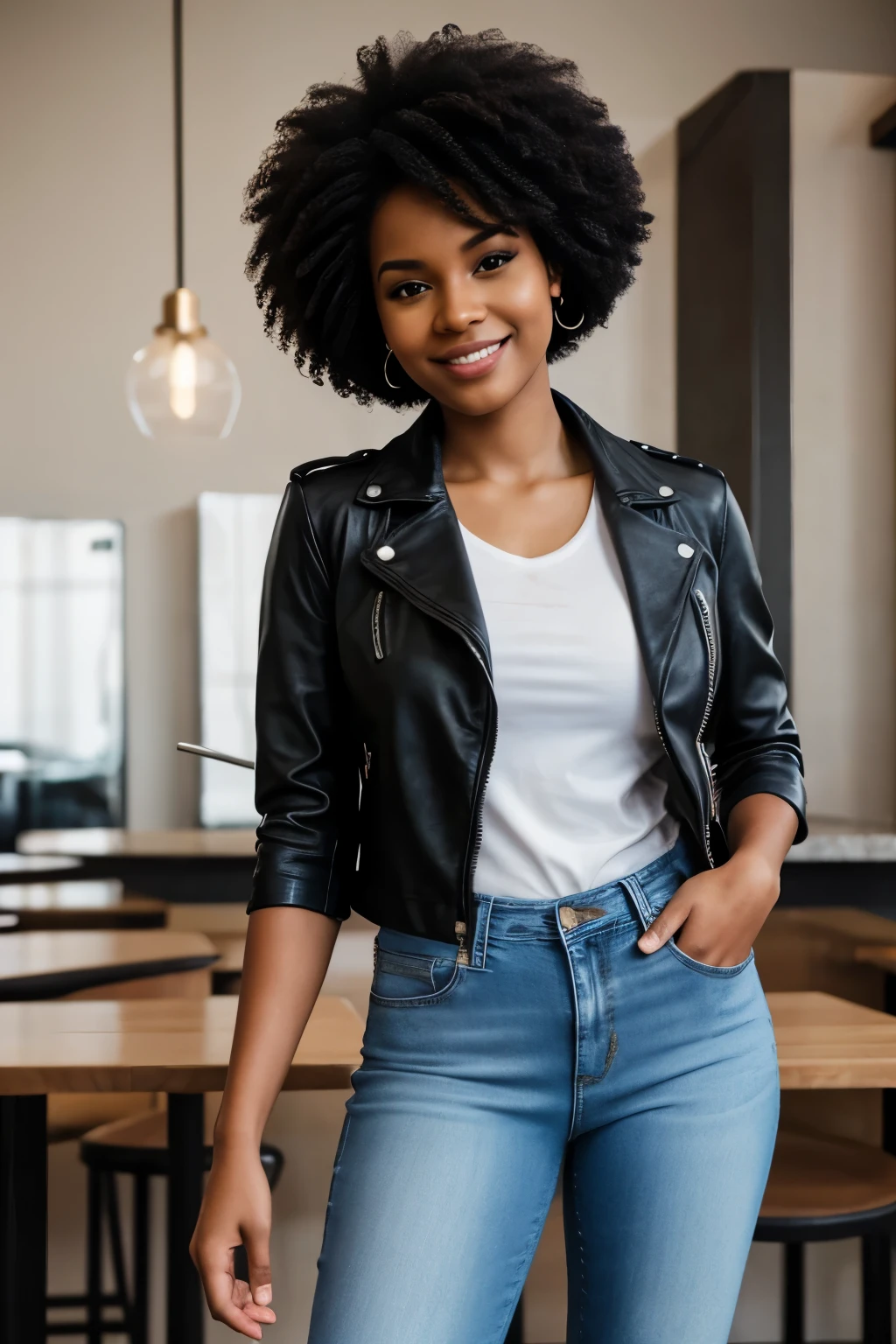 25 years old Afro-American woman, Smile, Afro hairstyle, Daily casual dressing with a short-sleeve leather jacket and long jeans, Skinny body, Standing pose, At the cafe, Day scene, High Resolution, High details, High Quality, Detailed Expression, POV.