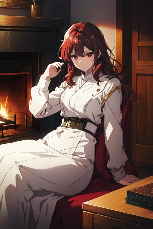 A red haired female knight with red eyes is sitting with a black haired female knight with brown eyes by a fireplace