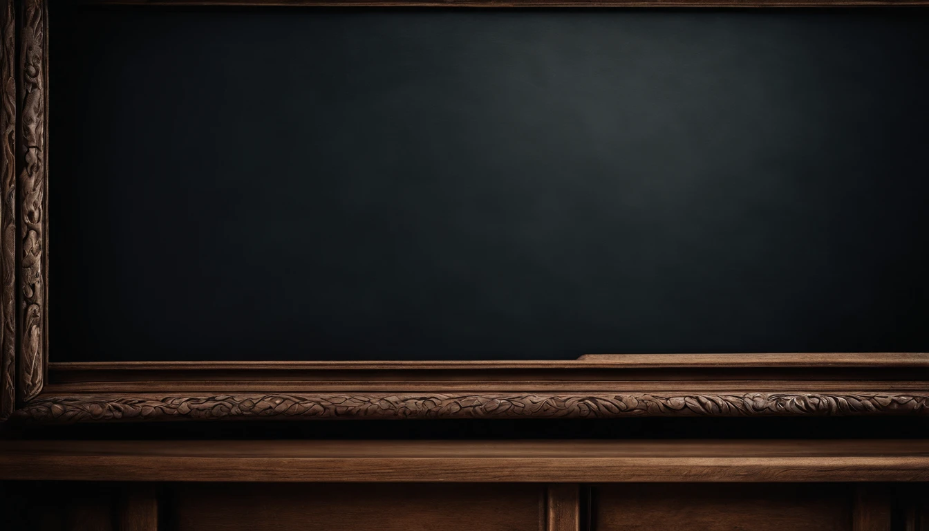 a detail shot of the frame or border of an empty blackboard, highlighting the intricate patterns, texture, and craftsmanship of the board itself