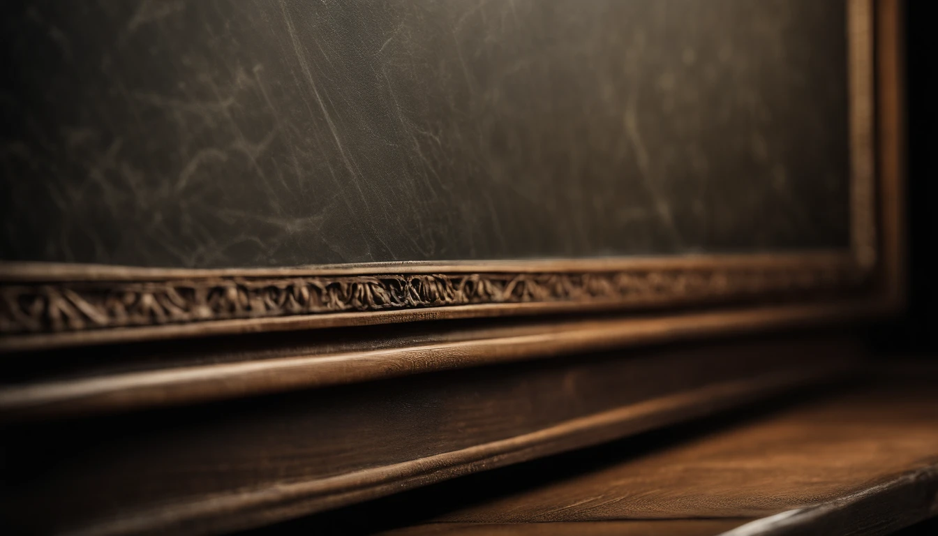 a detail shot of the frame or border of an empty blackboard, highlighting the intricate patterns, texture, and craftsmanship of the board itself