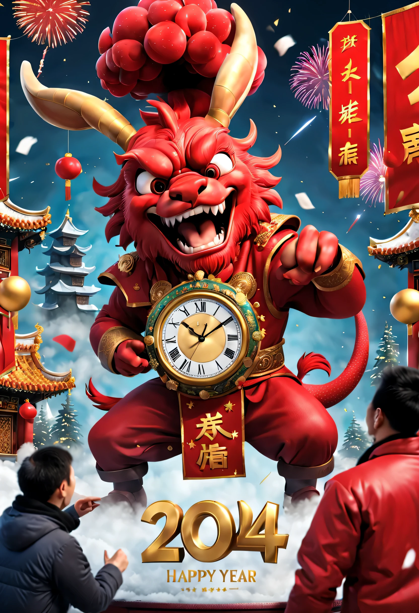 （2024 new year eve new year poster design），Passionate red as the main color，with dynamism，Electronic LCD screen countdown clock design is located in the center of the poster，Smiling giant Chinese dragon lady and cute bunny girl，People look at the clock and shout，There are various carnival elements scattered around， (air zone、fire works, ETC) ，At the bottom of the poster， (Happy New Year Gold Award），（2024 Gold Medal ），Made by Pixar，3D，Steam cyberpunk，