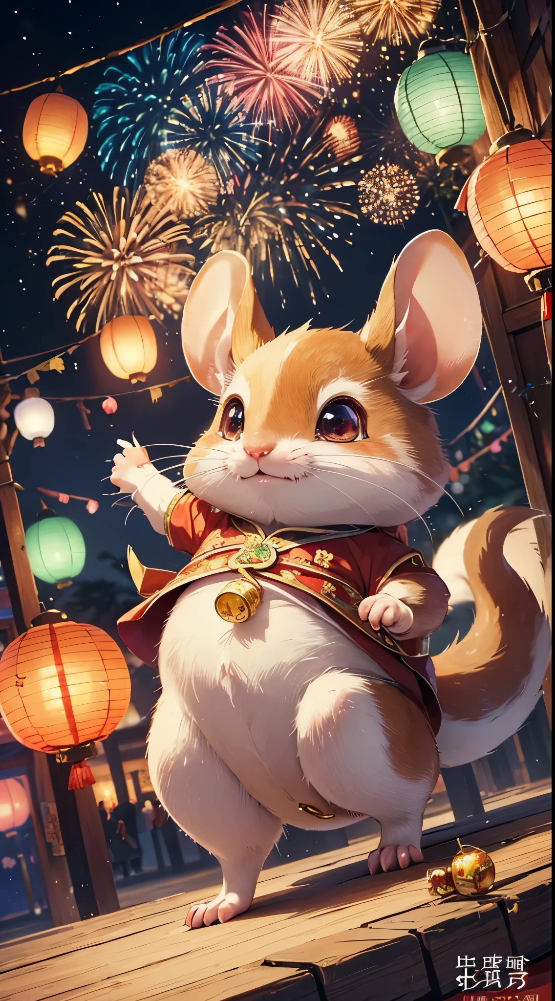 (best quality,highres,masterpiece:1.2),ultra-detailed,realistic,rat,adorable,cute,long-tailed creature,big ears,whiskers,curious eyes,pointy nose,soft fur,squeaky sound,playful,small size,nimble movements,cheerful,celebration,new year vibes,festive,traditional decorations,lucky red color,dancing rat,sparkling fireworks,happy atmosphere,joyful moments,colorful lanterns,auspicious symbols,spring festival,Chinese zodiac,rat year,prosperity and good luck.