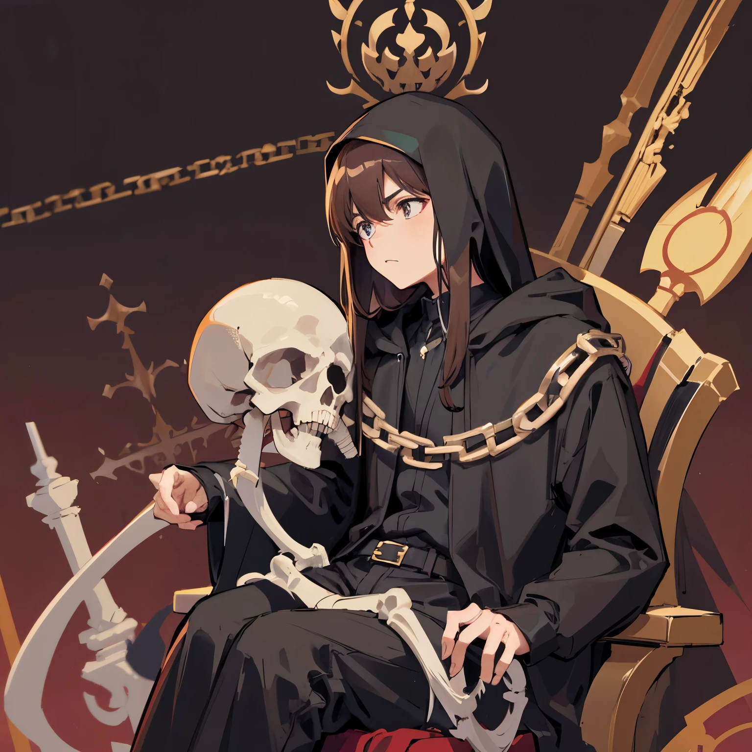 frontage Brown hair male twenties Black clothes sit on the skeleton throne Grim Reaper Background