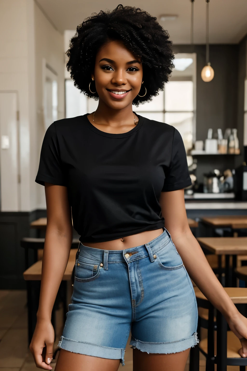 25 years old Afro-American woman, Smile, Afro hairstyle, Daily casual dressing with a short-sleeve shirt and short jeans, Skinny body, Standing pose, At the cafe, Day scene, High Resolution, High details, High Quality, Detailed Expression, POV.