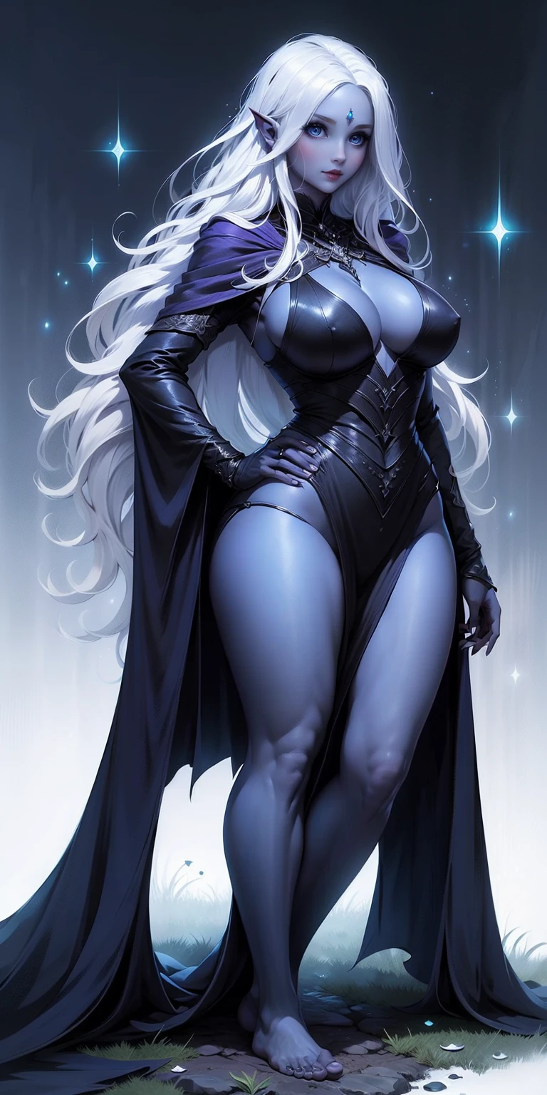 masterpiece, best quality, full body, barefoot, solo, female, big breast, big breast but cover, hands to hip. Apariencia: Noble drow have ebony skin and white or silver hair.. Sus ojos suelen ser de un color rojo intenso o violeta, lo que les da una apariencia distintiva y misteriosa.