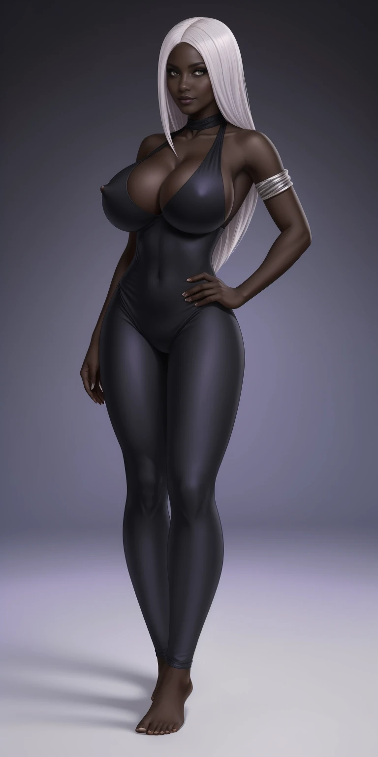 masterpiece, best quality, full body, barefoot, solo, female, big breast, big breast but cover, hands to hip. Apariencia: Noble drow have ebony skin and white or silver hair.. Sus ojos suelen ser de un color rojo intenso o violeta, lo que les da una apariencia distintiva y misteriosa.