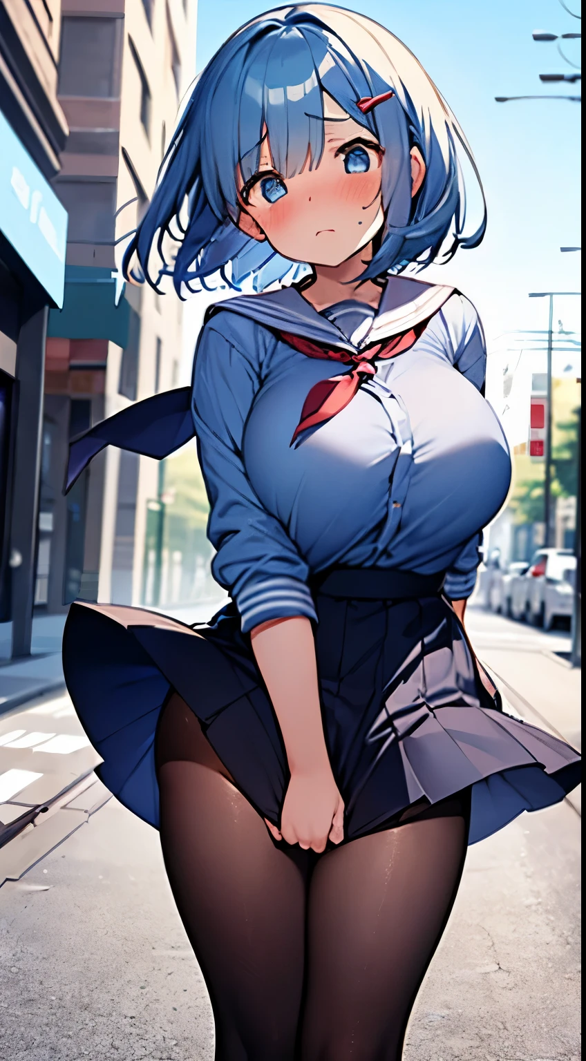 1womanl,Blue hair,Beautiful hands、In the street、Bustling street、Crowds、main street、Red ribbons ,((Surprised look)),Beautiful breasts,very Bigger breasts、Blue eyes、huge tit、a sailor suit,blue pleated skirt very short pleated skirt,well-styled,Slender thighs,beautiful legs、(Facing the front)(((Blushing cheeks、embarassed expression)),(((The skirt is rolled up by the wind)))、Long bob cut、Rem of Rezero、No panties、No panties、No bra、Black pantyhose