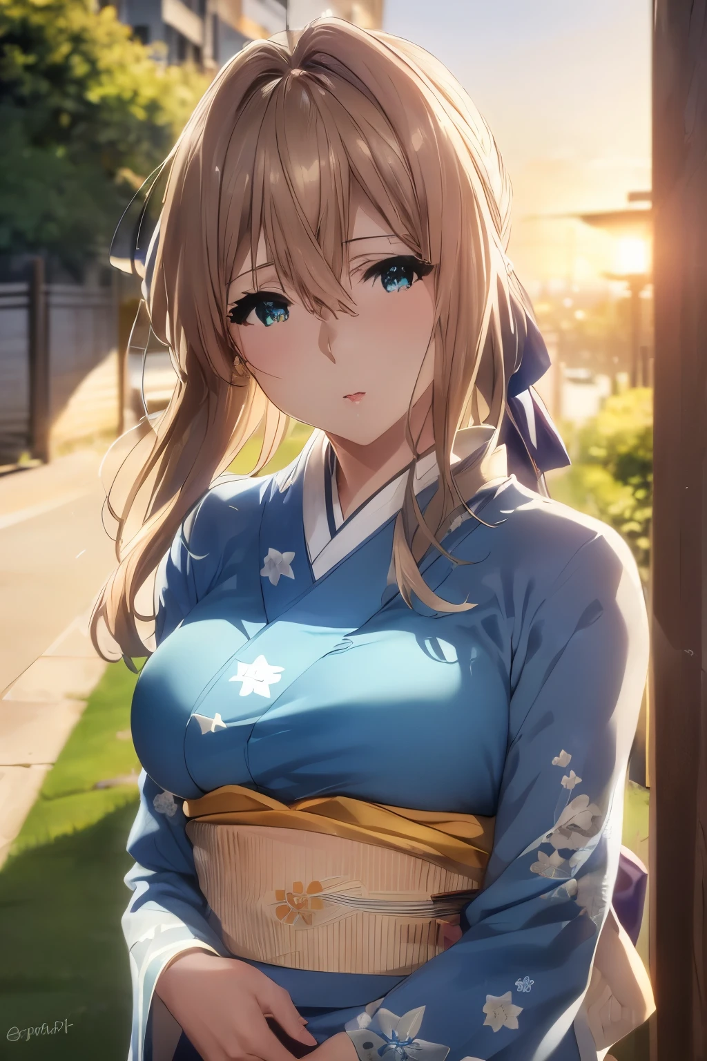 masuter piece, Best Quality, 超A high resolution, top-quality, Anime style, Best Lighting, Beautiful face, The upper part of the body, 独奏, Violet_Evergarden, a blond, jewely, a blondのアップド, bow ribbon, aqua eyes, (Blue and white kimono:1.3), (blue obijime:1.3), Emeraude, towns, A hill, sunset street, (Face Focus:1.3), (hands on own breasts:1.4)