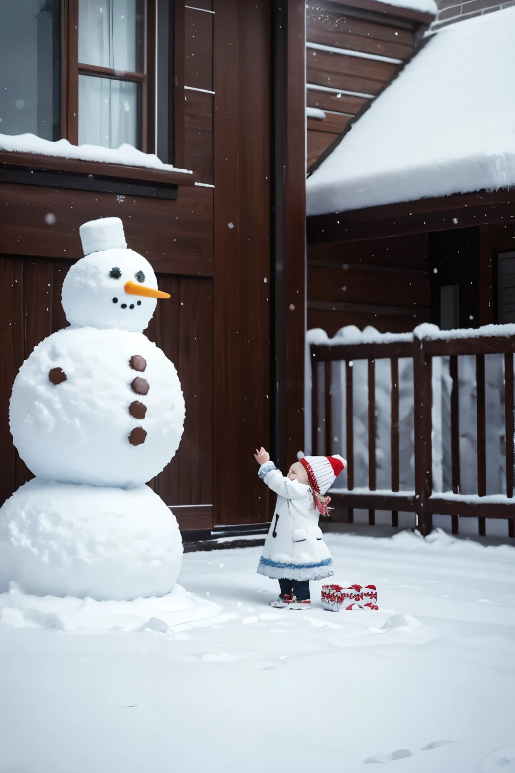 Snowflakes were falling all over the place where the was playing with the snowman in front of the house.