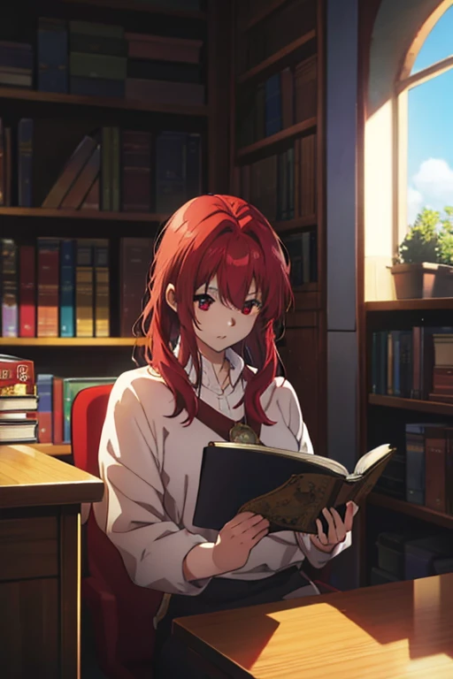 A red haired female knight with red eyes is reading a book in a library