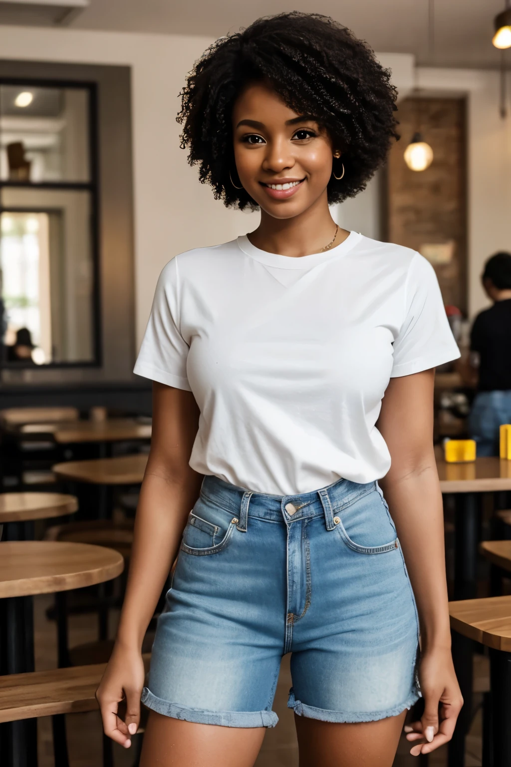 25 years old Afro-American woman, Smile, Afro hairstyle, Daily casual dressing with a short-sleeve shirt and short jeans, Skinny body, Standing pose, At the cafe, Day scene, High Resolution, High details, High Quality, Detailed Expression, POV.