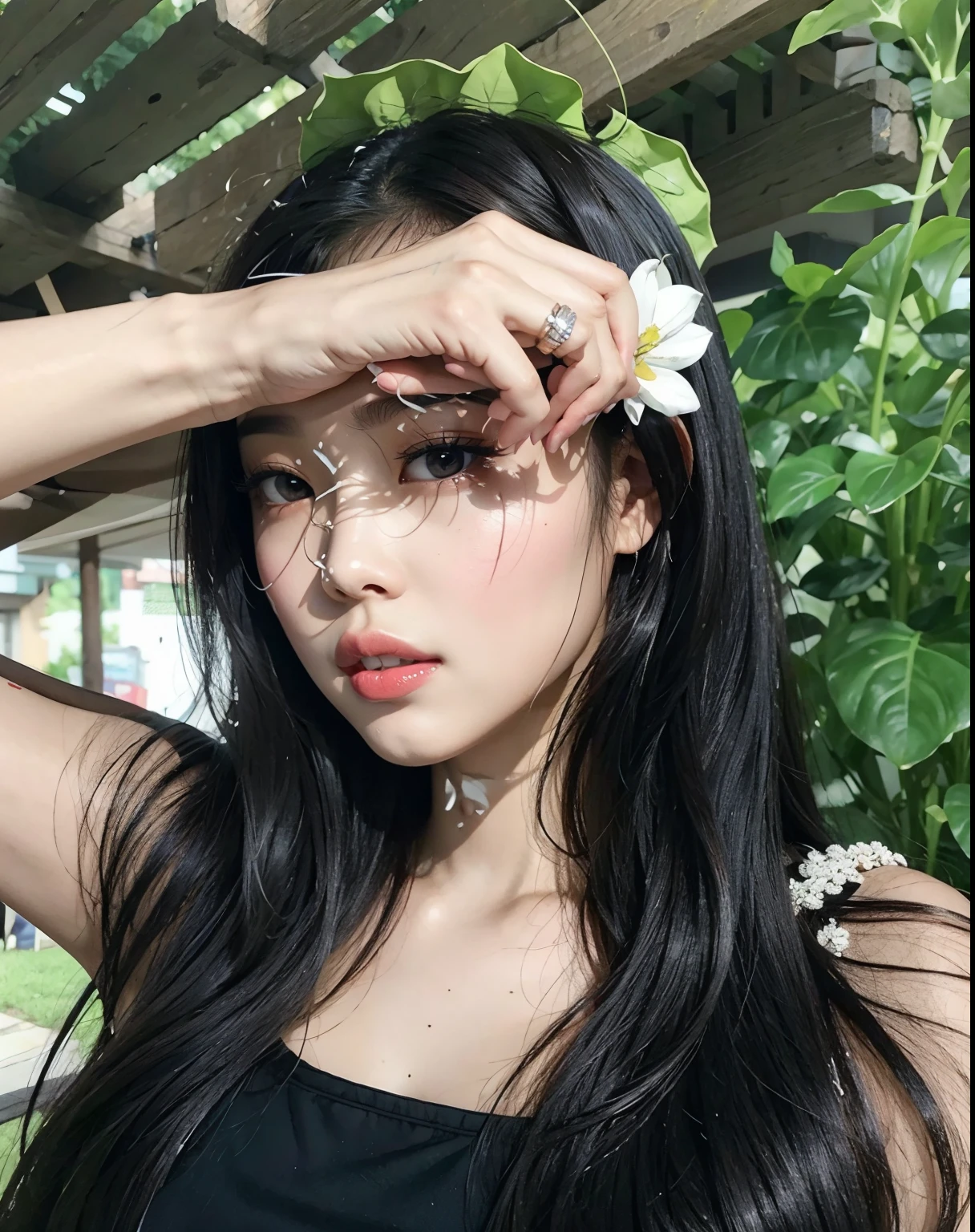 There's Jennie with a flower in her hair posing for a photo, Jisoo do Blackpink, her face looks like an orchid, TaeJune Kim, jossi do blackpink, jisoo do blackpink, Anime Menina Tailandesa, Wenfei Ye, Sha Xi, 18 anos, Xintong Chen, foto de perfil, Asian girl, lily frank, cruel korean goth girl, jennie blackpink