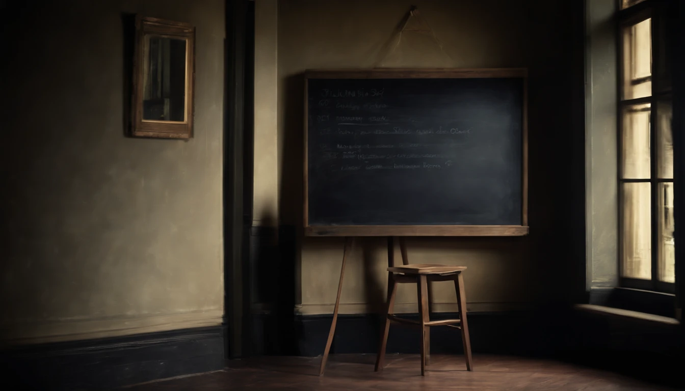 a high-angle shot of an empty blackboard, with the reflection of the surrounding environment or a person’s silhouette, adding a touch of intrigue and mystery to the composition