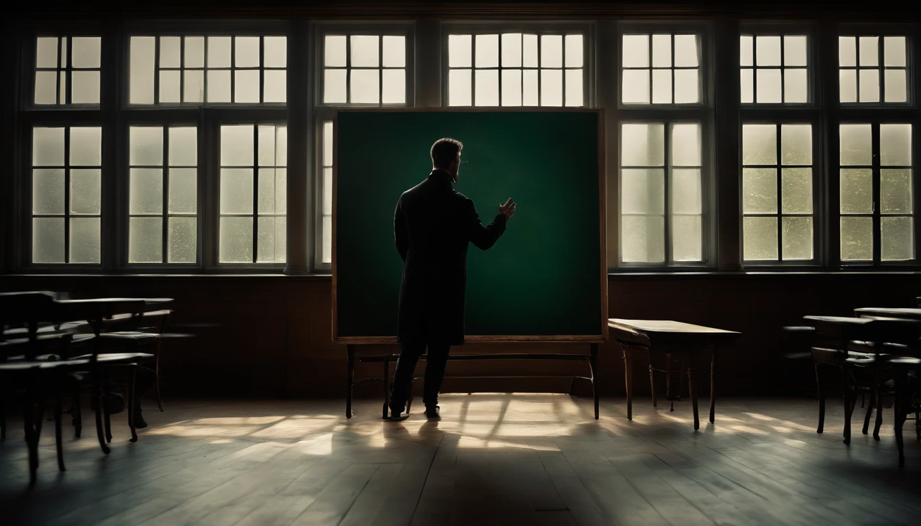 a high-angle shot of an empty blackboard, with the reflection of the surrounding environment or a person’s silhouette, adding a touch of intrigue and mystery to the composition