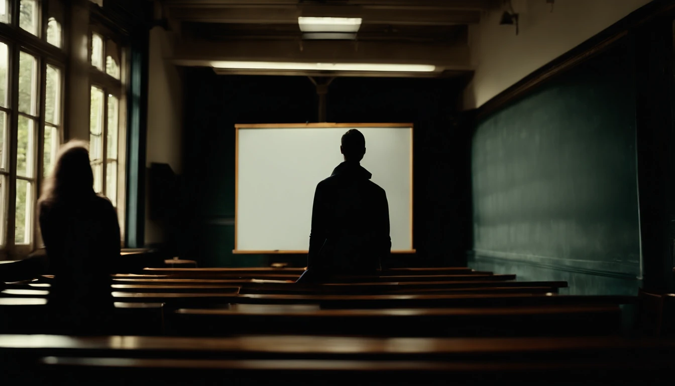 a high-angle shot of an empty blackboard, with the reflection of the surrounding environment or a person’s silhouette, adding a touch of intrigue and mystery to the composition