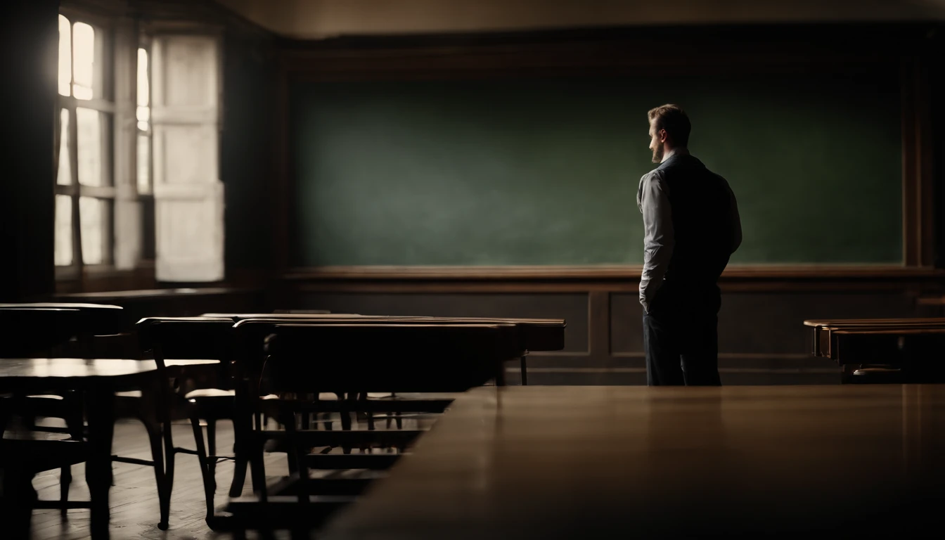 a high-angle shot of an empty blackboard, with the reflection of the surrounding environment or a person’s silhouette, adding a touch of intrigue and mystery to the composition