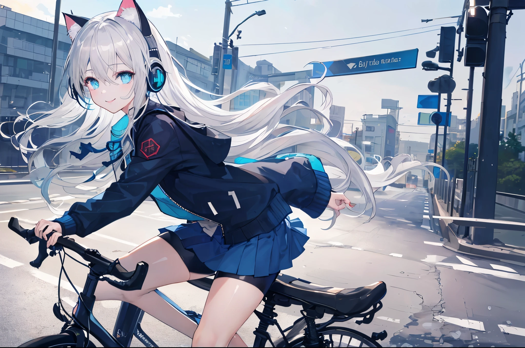 ((Best Quality)), ((Masterpiece)), (Detailed), Perfect Face, Very Detailed, Masterpiece, Best Quality, Official Art, Extremely Detailed CG Unified 8k Wallpaper, Dynamic Eyes, Full Body Portrait

((((only one girl)))), (((((ride a bike on the road))))), ((((smile at the camera))))

trendy style, (thin legs), ((long silver-gray hair)), ((shoulder-length hair)), a futuristic blue halo on her head, future-styled clothing, ((dark blue skirt with bright blue lace)), ((black jacket with blue laces)), (JK short skirt), ((cat ear headphones on the head)), ((watery eyes))