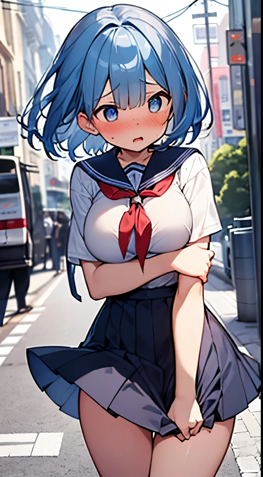 1womanl,Blue hair,Beautiful hands、In the street、Bustling street、Crowds、main street、Red ribbons ,((Surprised look)),Beautiful breasts,very Bigger breasts、Blue eyes、huge tit、a sailor suit,blue pleated skirt very short pleated skirt,well-styled,Slender thighs,beautiful legs、(Facing the front)(((Blushing cheeks、embarassed expression)),(((The skirt is rolled up by the wind)))、Long bob cut、Rem of Rezero、No panties、No panties、No bra、Black pantyhose