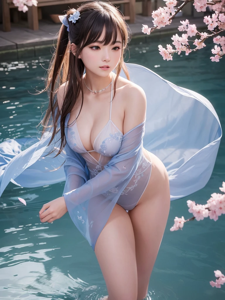 loose outfit、Show shoulders、壊れたsee -through着物の着方、Decorated with intricate patterns and bright colors、Transparent material that makes the skin shine、Artistic depiction of seductive woman in kimono with wet thin cloth and transparent skin, 流れるような絹のような伝統的なsee -through肌を持つ花柄で幻想的なパターン。Her dress draped elegantly around her curvaceous figure、Emphasizes her charming silhouette。She's a gentle fireworks night、Dynamic Posing、A sexyポージング、bathed in the soft glow of moonlight。The scene is、With a hint of mystery and sensuality、It exudes an ethereal dreamy atmosphere。The image style is、It incorporates a blend of watercolor and digital illustration techniques.、It makes you feel delicate beauty and charm。Soft moonlit lighting、Cast gentle highlights and shadows on her mesmerizing features。Dynamic Posing、Bold poses、The hand is somewhere、see -through、show through、A sexy、On the waterぬれて hair、On the waterぬれて、petals under the cherry blossoms、cherryblossom、The cherry tree、Sakura blizzard、buried、Transparent skin、On the waterぬれて clothes、Chest Pulling、Translucent clothes、On the water、