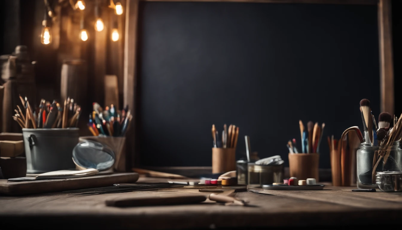 a creative shot of an empty blackboard with various art supplies or props scattered around it, representing the potential for creativity, imagination, and self-expression