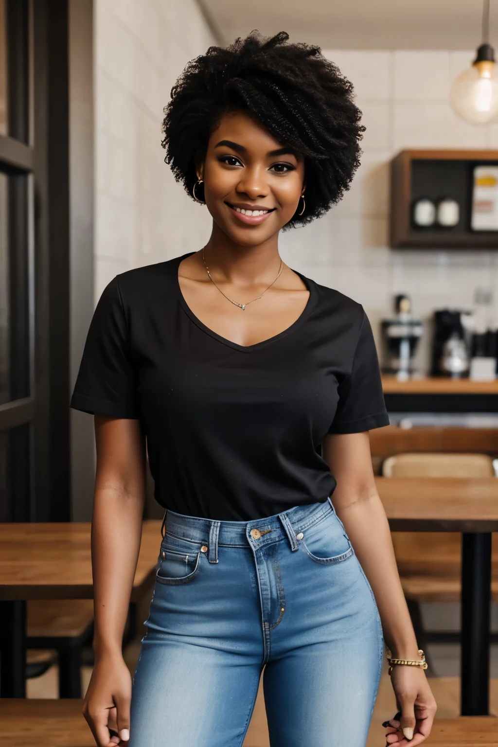 25 years old Afro-American woman, Smile, Afro hairstyle, Daily casual dressing with a short-sleeve shirt and long jeans, Skinny body, Sitting on the chair pose, At the cafe, Day scene, High Resolution, High details, High Quality, Detailed Expression, POV.