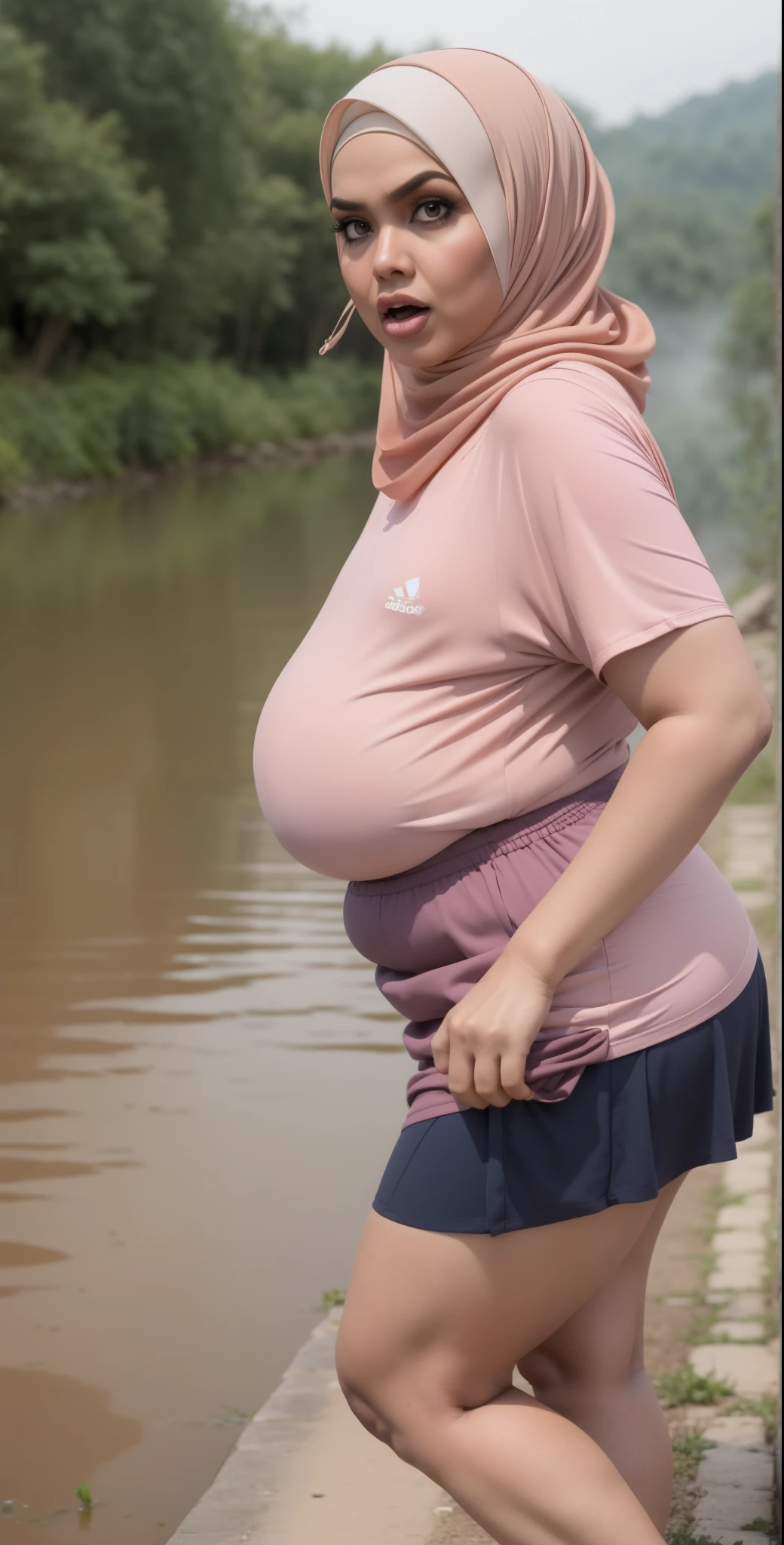((HIJAB MALAY GIRL)), ((BBW)), SHORTS, HUGE WIDE BUTT, WIDE BUTT, 63 YEAR OLD METURE women's, METURE women's, (ROSE LIPS), (ADIDAS SNEAKERS), (TIGH SKIRT), walking in style on a Village river, (ANGRY FACE EXPRESSION), TRANSPARENT, STAYING, THICK FOG. FOGGING, (ANGRY FACE EXPRESSION),