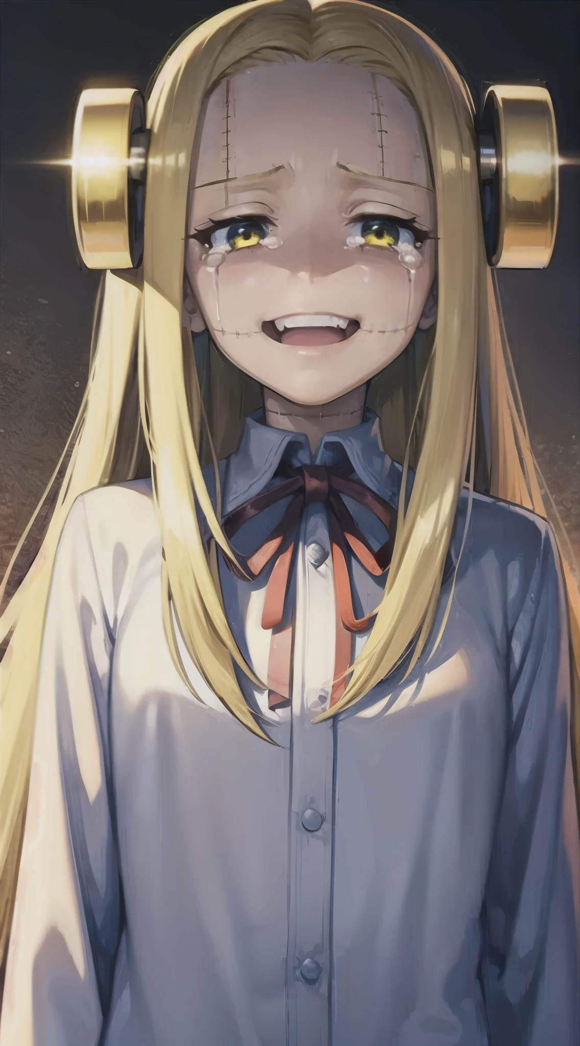 Madaraki_Fran,A  girl ,the madhatter ,white robe ,wrinkles,concerned,((Smiling)), hairlong , yellow hair,seams , Scars on the body , A creepy look , scary eyes , An intimidating look , creepy smile , bags under eyes, ((((Tears))))