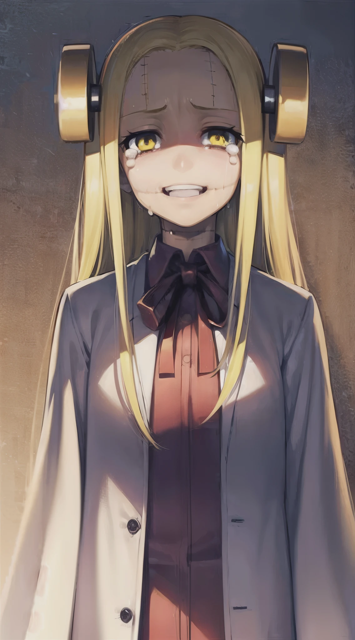 Madaraki_Fran,A girl ,the madhatter ,white robe ,wrinkles,concerned,((Smiling)), hairlong , yellow hair,seams , Scars on the body , A creepy look , scary eyes , An intimidating look , creepy smile , bags under eyes, ((((Tears))))