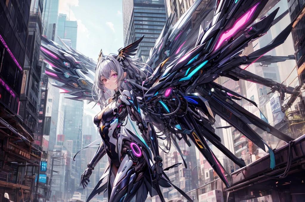 top-quality、ighly detailed、​masterpiece、ultra-detailliert、illustratio、((1girl in))、silber hair、length hair、Floating hair、、Cyber City、Neon building、(The upper part of the body:1.05)、extremely_Detailed_Eyes_And_Face,cybernetic wings mechanical wings、Random posture、Skyscraper、、Mechumusume、shrine maiden clothe,maid clothes、Random angles、anime styled,cowboy  shot