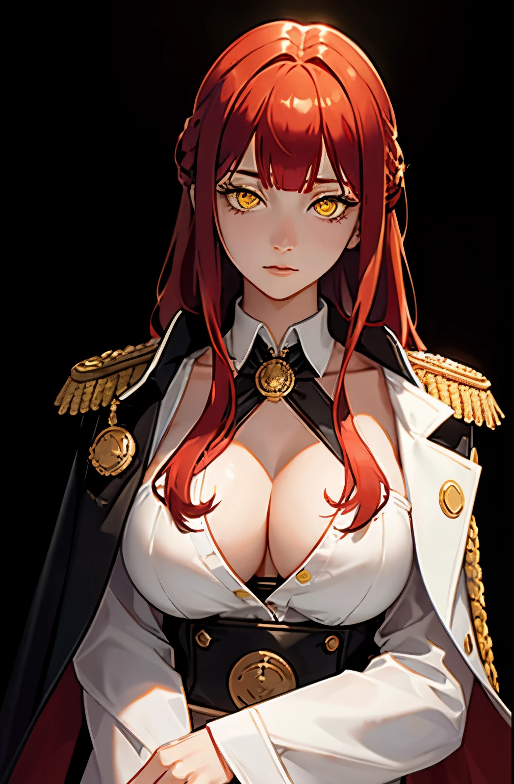 Half body, cleavage, detailed eyes, emotionless, Medium tits, masterpiece, (photorealistic:1.4), best quality, beautiful lighting, admiral long coat, shoulder badge, (ulzzang-6500:0.5), makima \(chainsaw man\), (red hair)+long hair, +(bangs), yellow eyes, golden eyes, (white shirt), RAW photo, 8k uhd, film grain, at castle, mediavel,