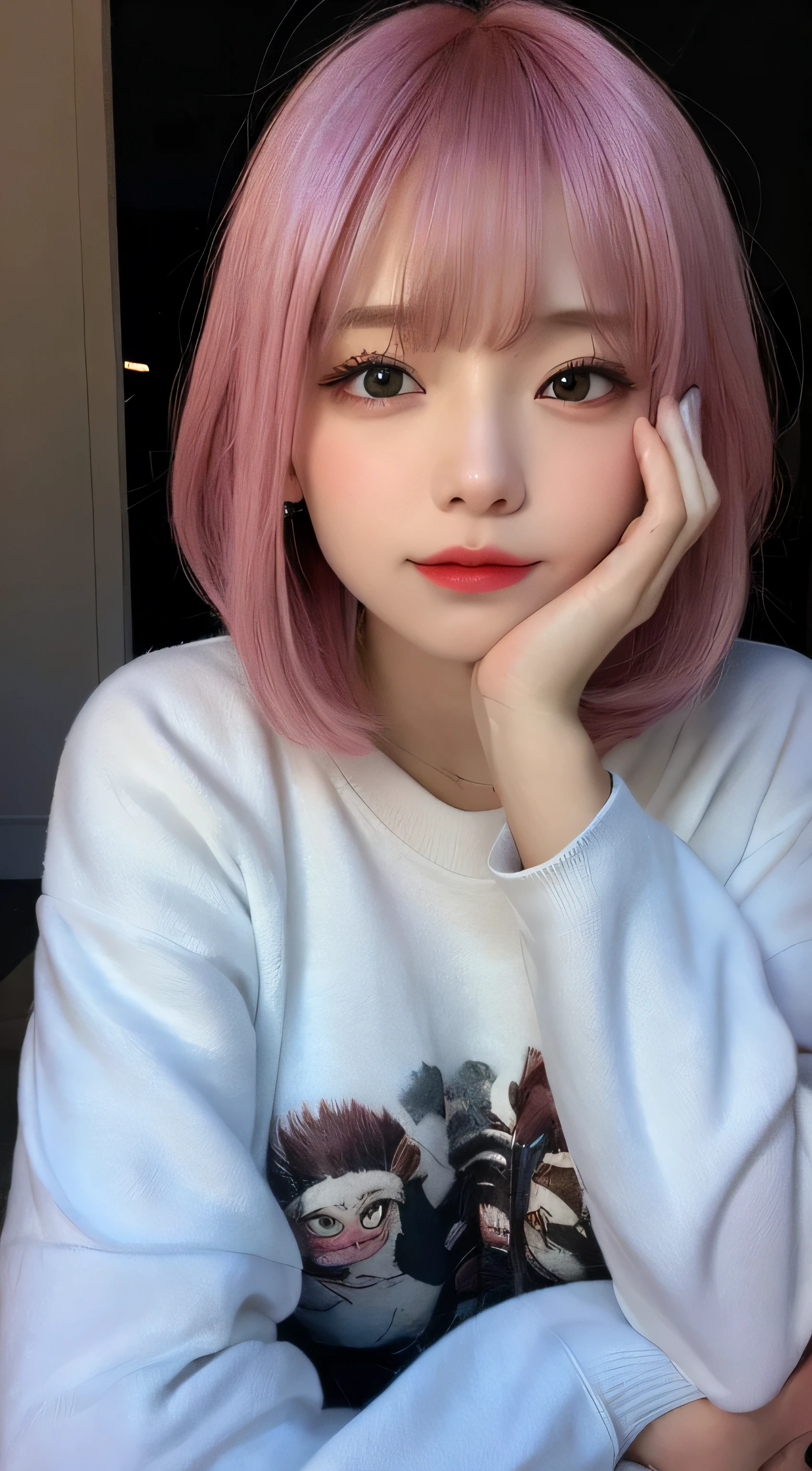masutepiece, Best Quality, Illustration, Ultra-detailed, finely detail, hight resolution, 8K,Wallpaper, Perfect dynamic composition, Beautiful detailed eyes, White long sleeve trainer,Short bob hair、Pink hair color,Big Natural Color Lip, Bold sexy poses,Thin laughter、cold stare,Harajuku、20 years girl、Cute、、In a dark room、Eyes closed、Depressed