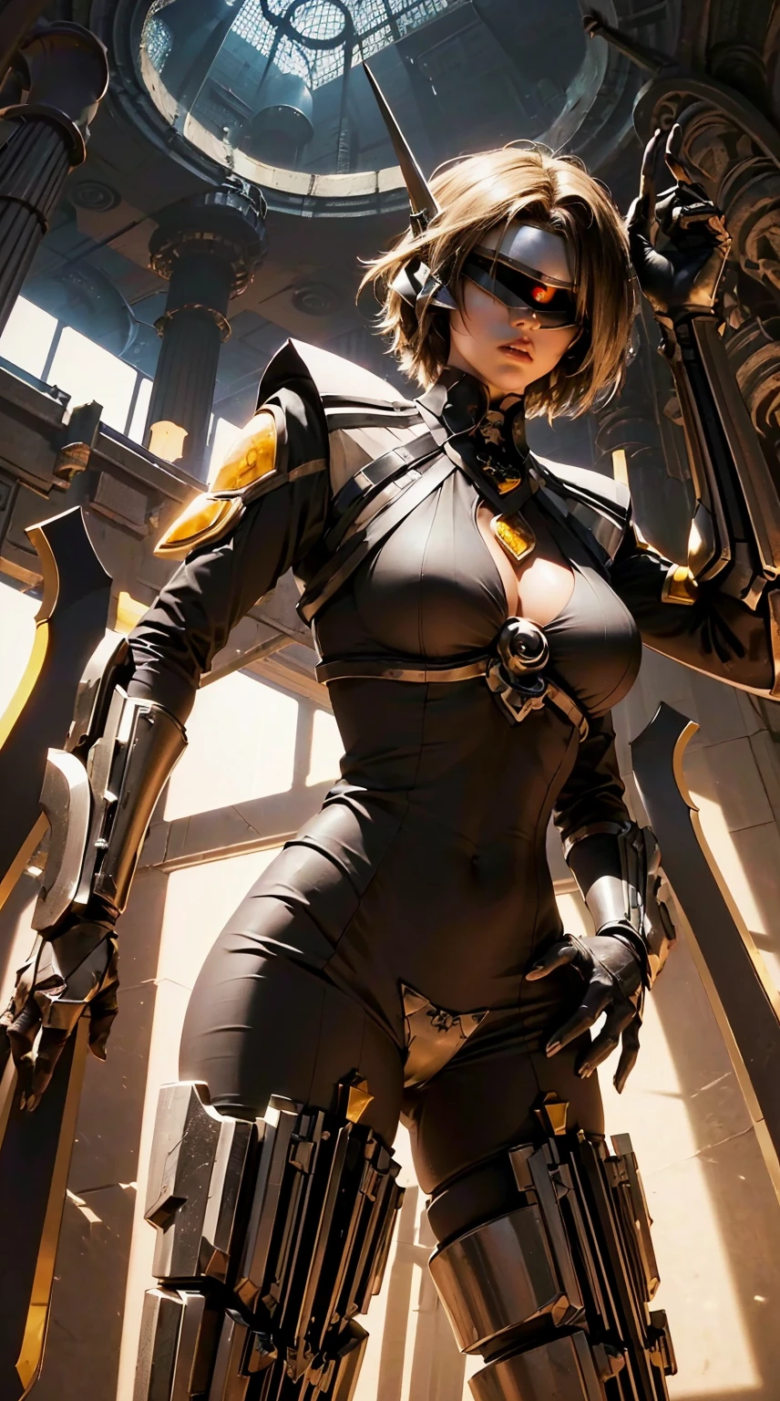 1girl, (detailed eyes, eye patch), (detailed lips), (intense expression), (exquisite face), (mechanical, futuristic armor), (summoning a giant sword), (in a dark temple), (majestic atmosphere), (masterpiece:1.2), (ultra-detailed), (realistic:1.37), (studio lighting), (vivid colors), (sharp focus), (mechanical aesthetic), (sci-fi), (dark tones), (mysterious lighting), (high contrast), (dramatic shadows), (metallic textures), (elegant pose), (intricate detailing), (mesmerizing composition), (dynamic perspective), (powerful stance), (futuristic design), (impressive craftsmanship), (baroque elements), (solemn ambiance), (grandiose setting), (mystical ambiance), (imposing atmosphere), (ethereal aura), (captivating presence)，(golden accents)