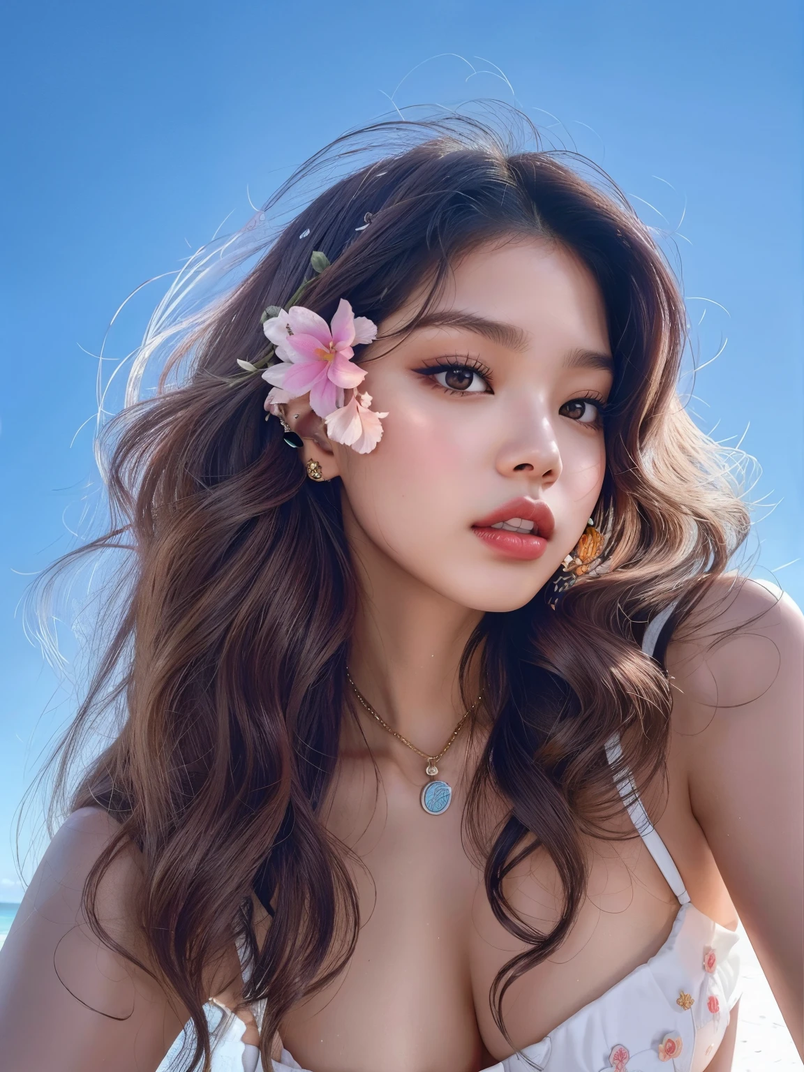 Jennie com uma flor no cabelo posando para uma foto, Pokimane, Cerveja Madison, Cerveja Madison girl portrait, soft devil queen Cerveja Madison, Isabela Moner, Zendaya, portrait of Zendaya, Retrato Sophie Mudd, com longos cabelos cacheados, cynthwave, cabelos ondulados espalhados, com flores, franja encaracolado, Foto de perfil, :: Cerveja Madison,  jennie blackpink