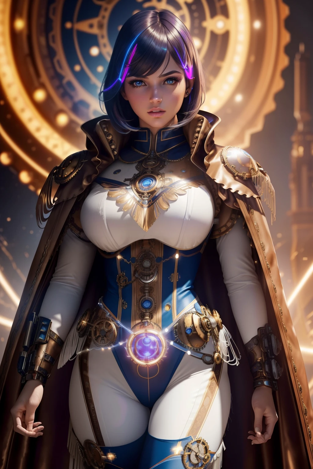 Bust to waist ((perfect face)) perfect skin, hyperrealistic masterpiece, Superheroine european girl ((fringe glowing colorful)) in extremely complex & superdetailed tight plugsuit ((with white cape)), cinematic illumination: 8k, (((steampunk aesthetic style::1)
