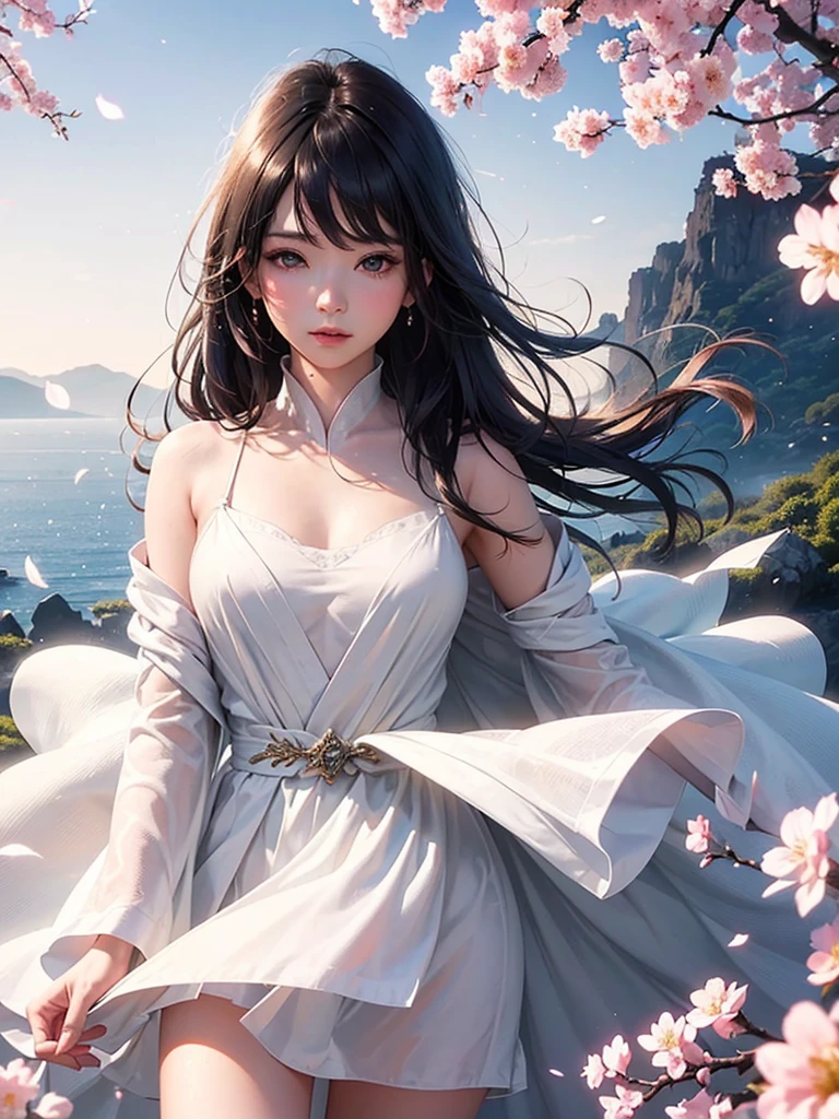 (A logo、masterpiece、8K、masutepiece、Raw photo、Fantastic、Best Quality、フォトリアリスティックでighly detailedな CG 統合 8k 壁紙、hightquality、ighly detailed、epic poem、Particle effect、Dynamic effects、depth of fields、Cinematic Light、Lens Flare、Ray tracing)、Fantasia、 (1 beautiful woman in a white coat、robe blanche、Japanese dress、A dark-haired、Beautiful face、Real Face、beautiful details eyes beautiful skin)、Hair flutters in the wind、Hair jumps、Pink cherry blossom tree、Petals flutter、Sakura blizzard、Superb view、morning glow、Sun in the background、the wind、Deities、tusk、Deities話、Vast Land、