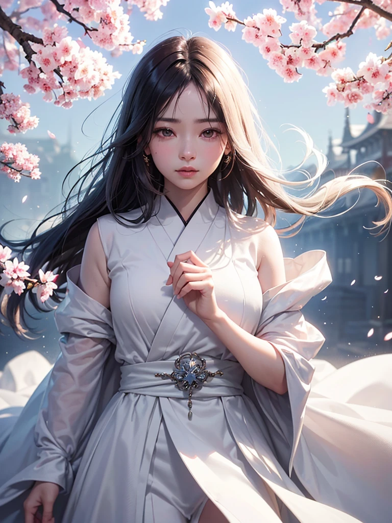 (A logo、masterpiece、8K、masutepiece、Raw photo、Fantastic、Best Quality、フォトリアリスティックでighly detailedな CG 統合 8k 壁紙、hightquality、ighly detailed、epic poem、Particle effect、Dynamic effects、depth of fields、Cinematic Light、Lens Flare、Ray tracing)、Fantasia、 (1 beautiful woman in a white coat、robe blanche、Japanese dress、A dark-haired、Beautiful face、Real Face、beautiful details eyes beautiful skin)、Hair flutters in the wind、Hair jumps、Pink cherry blossom tree、Petals flutter、Sakura blizzard、Superb view、morning glow、Sun in the background、the wind、Deities、tusk、Deities話、Vast Land、