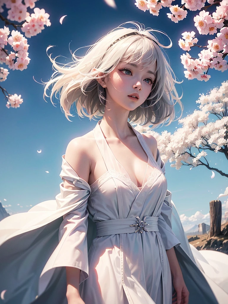 (A logo、masterpiece、8K、masutepiece、Raw photo、Fantastic、Best Quality、フォトリアリスティックでighly detailedな CG 統合 8k 壁紙、hightquality、ighly detailed、epic poem、Particle effect、Dynamic effects、depth of fields、Cinematic Light、Lens Flare、Ray tracing)、Fantasia、 (1 beautiful woman in a white coat、robe blanche、Japanese dress、A dark-haired、Beautiful face、Real Face、beautiful details eyes beautiful skin)、Hair flutters in the wind、Hair jumps、Pink cherry blossom tree、Petals flutter、Sakura blizzard、Superb view、morning glow、Sun in the background、the wind、Deities、tusk、Deities話、Vast Land、
