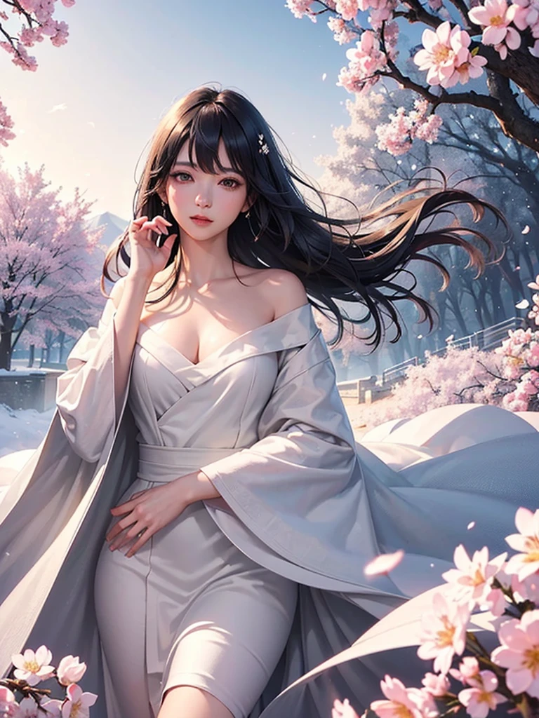 (A logo、masterpiece、8K、masutepiece、Raw photo、Fantastic、Best Quality、フォトリアリスティックでighly detailedな CG 統合 8k 壁紙、hightquality、ighly detailed、epic poem、Particle effect、Dynamic effects、depth of fields、Cinematic Light、Lens Flare、Ray tracing)、Fantasia、 (1 beautiful woman in a white coat、robe blanche、Japanese dress、A dark-haired、Beautiful face、Real Face、beautiful details eyes beautiful skin)、Hair flutters in the wind、Hair jumps、Pink cherry blossom tree、Petals flutter、Sakura blizzard、Superb view、morning glow、Sun in the background、the wind、Deities、tusk、Deities話、Vast Land、