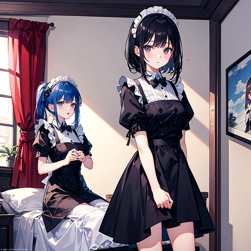 absurdres,,2girls,(brown eyes),blue eyes,maid <lora:Kaede_to_Suzu:1>,side by side,sitting at bed sheet, zettai ryouiki, <lora:KaedeToSuzu_v10:0.75>
