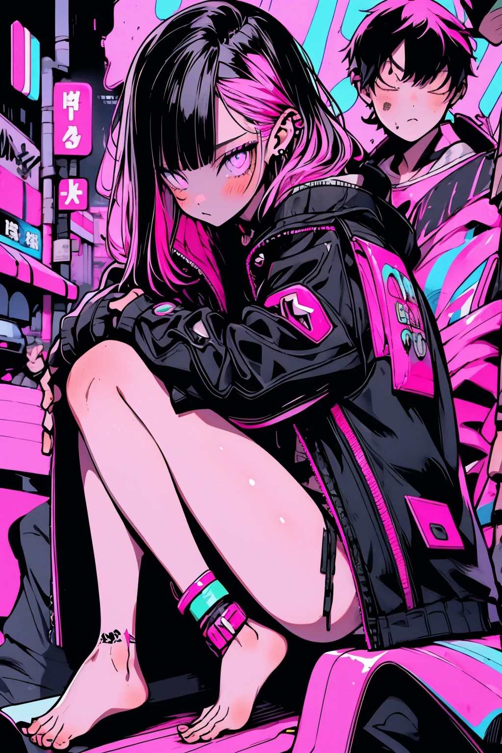 girl,full bodyesbian,Barefoot, Pink Long Hair, Cool black open short jacket, Tattooed with, Messy faded haircut, Crazy, Sit Pose, Futuristic neon night street background,Airs