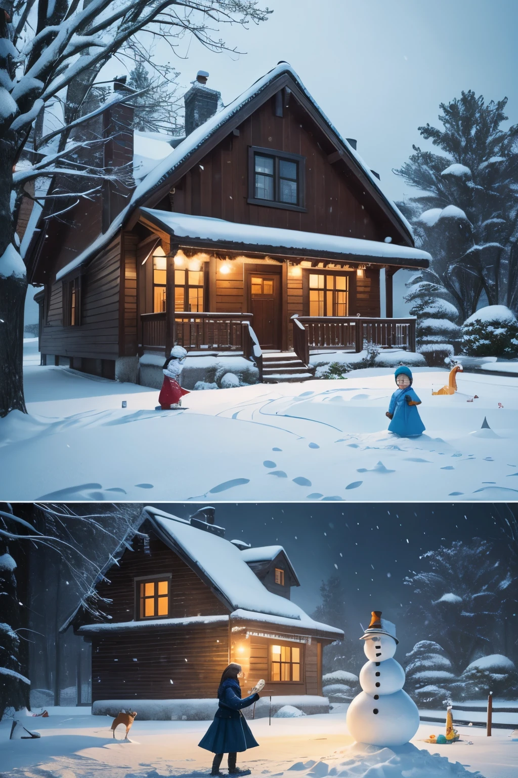 The prompt for Stable Diffusion would be:

"A girl playing with a snowman in front of a house, snowflakes falling everywhere, (best quality, highres:1.2), ultra-detailed, realistic, portraits, snowy landscape, vibrant colors, soft and warm lighting."