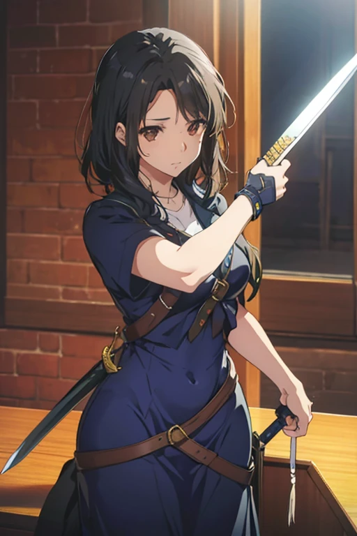 A black haired woman with brown eyes and an hourglass figure is practicing with her sword