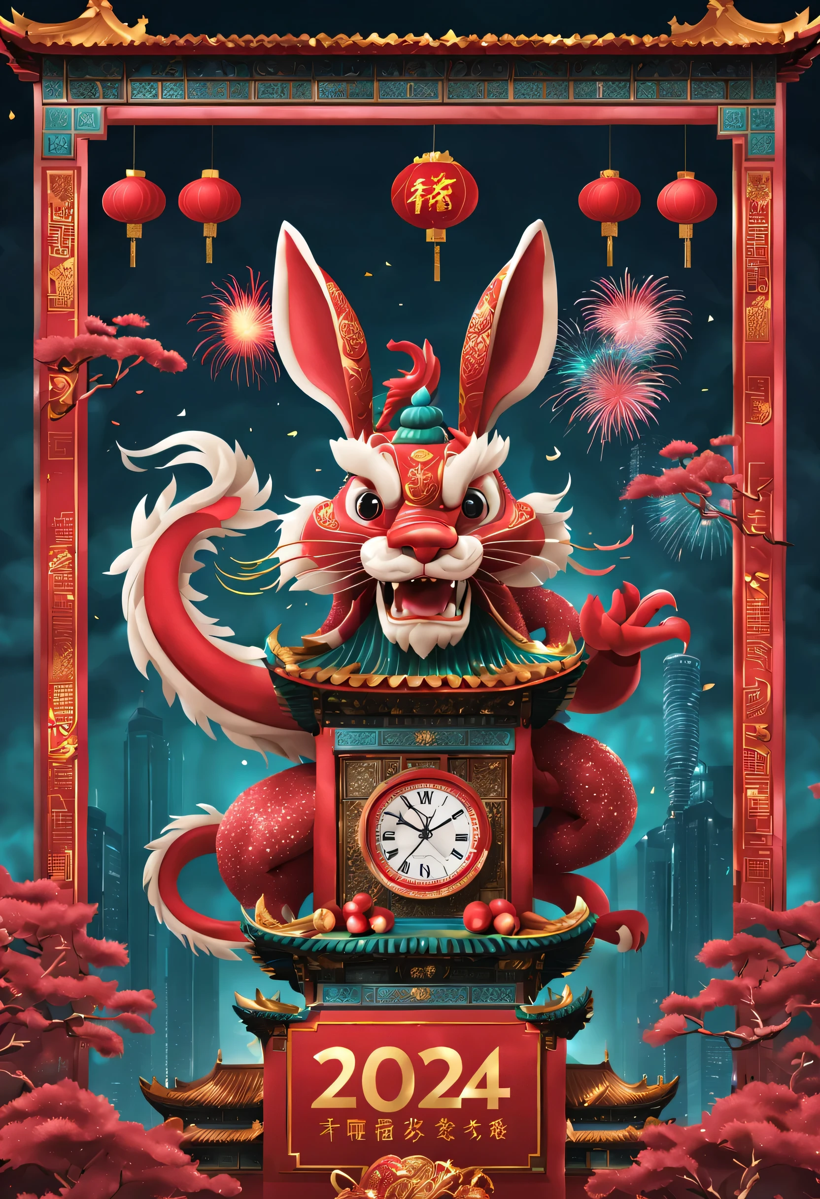 （2024 new year eve new year poster design），The main colors are palace wall red and turquoise，Electronic LCD screen countdown clock design is located in the center of the poster，Chinese dragon and rabbit hugging，Festive fireworks night photography