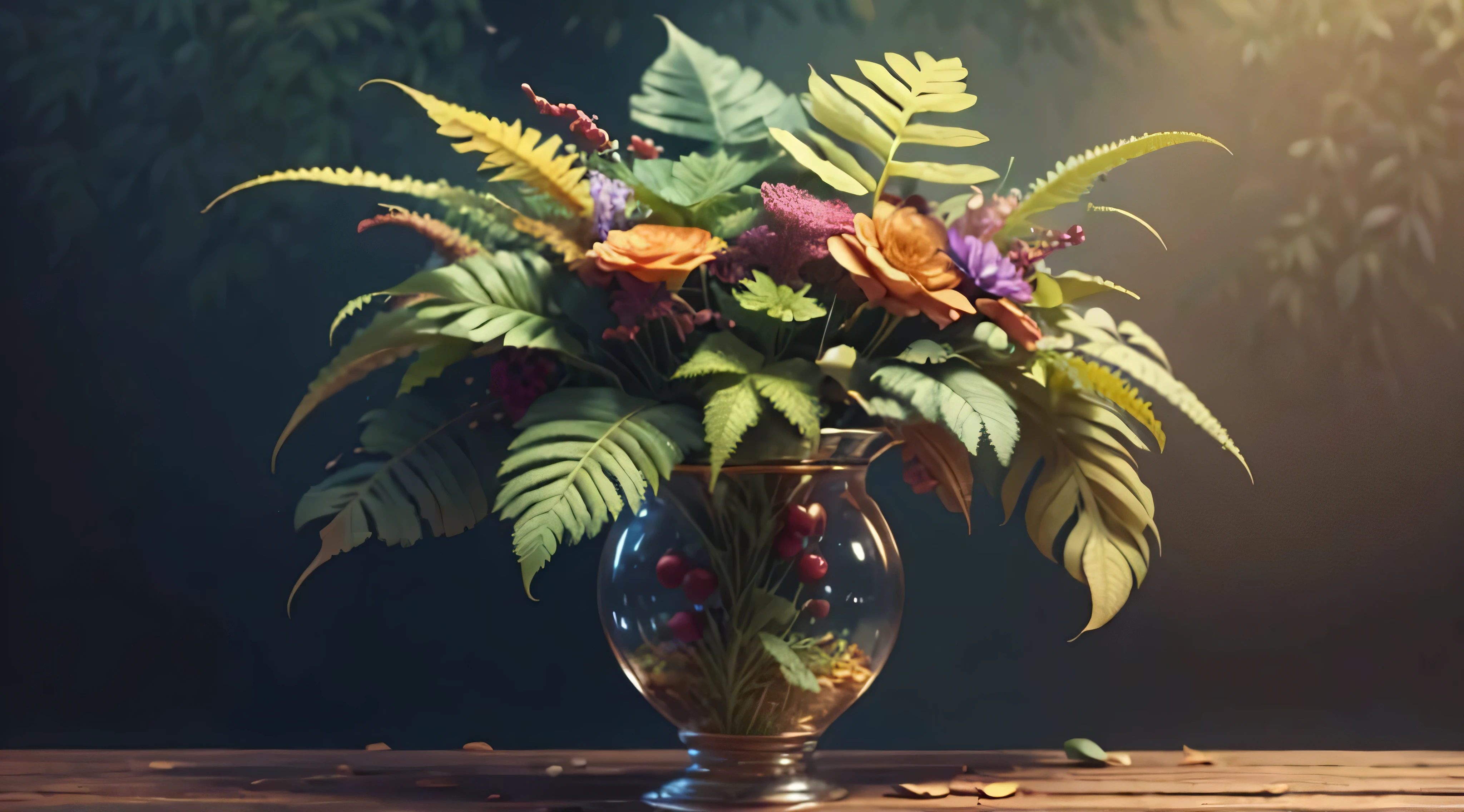 a vase of fern hanging, many ferns, colorful ferns, rainbow, realistic, high quality, sharp focus, high details,