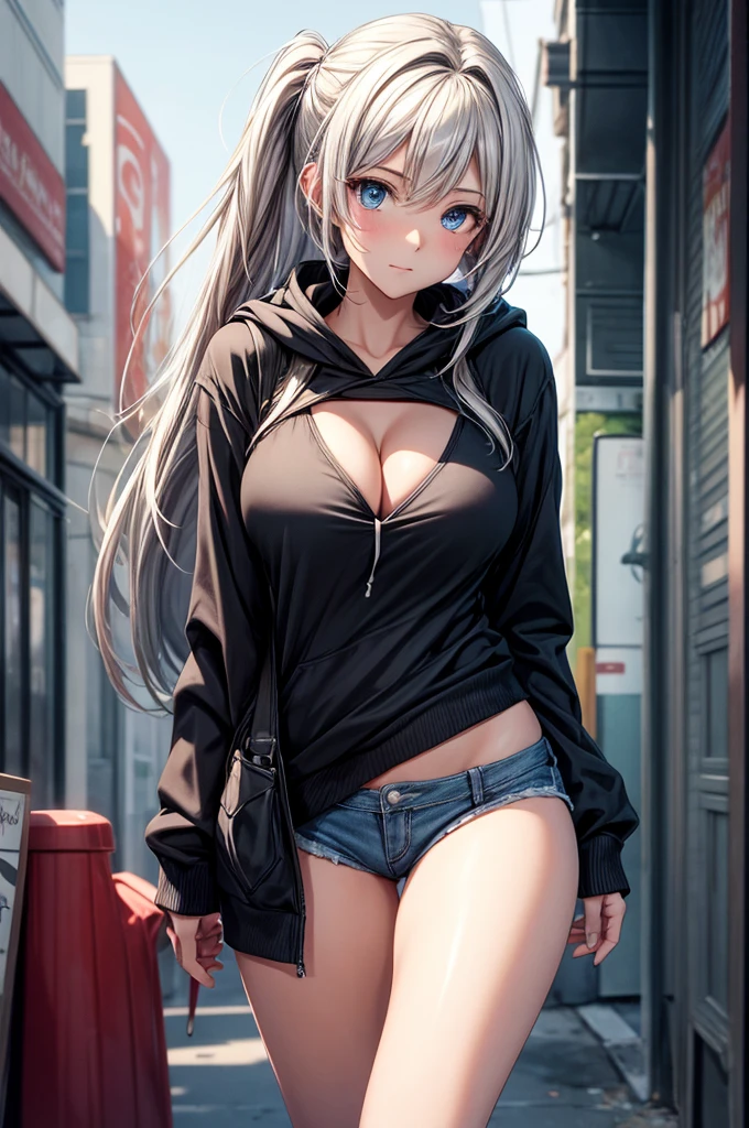 (Enrich the picture,Masterpiece level quality)Beautiful 8K CG artwork,1girl,solo,detailed face, perfect face, perfect eyes,blue eyes,Long Hair, pony tail,Very long hair,grey hair,chuckle,Slim and soft,big breasts,cleavage,Black Bikini,denim short shorts,oversized white hoodie,hands in pocket,combat boots,