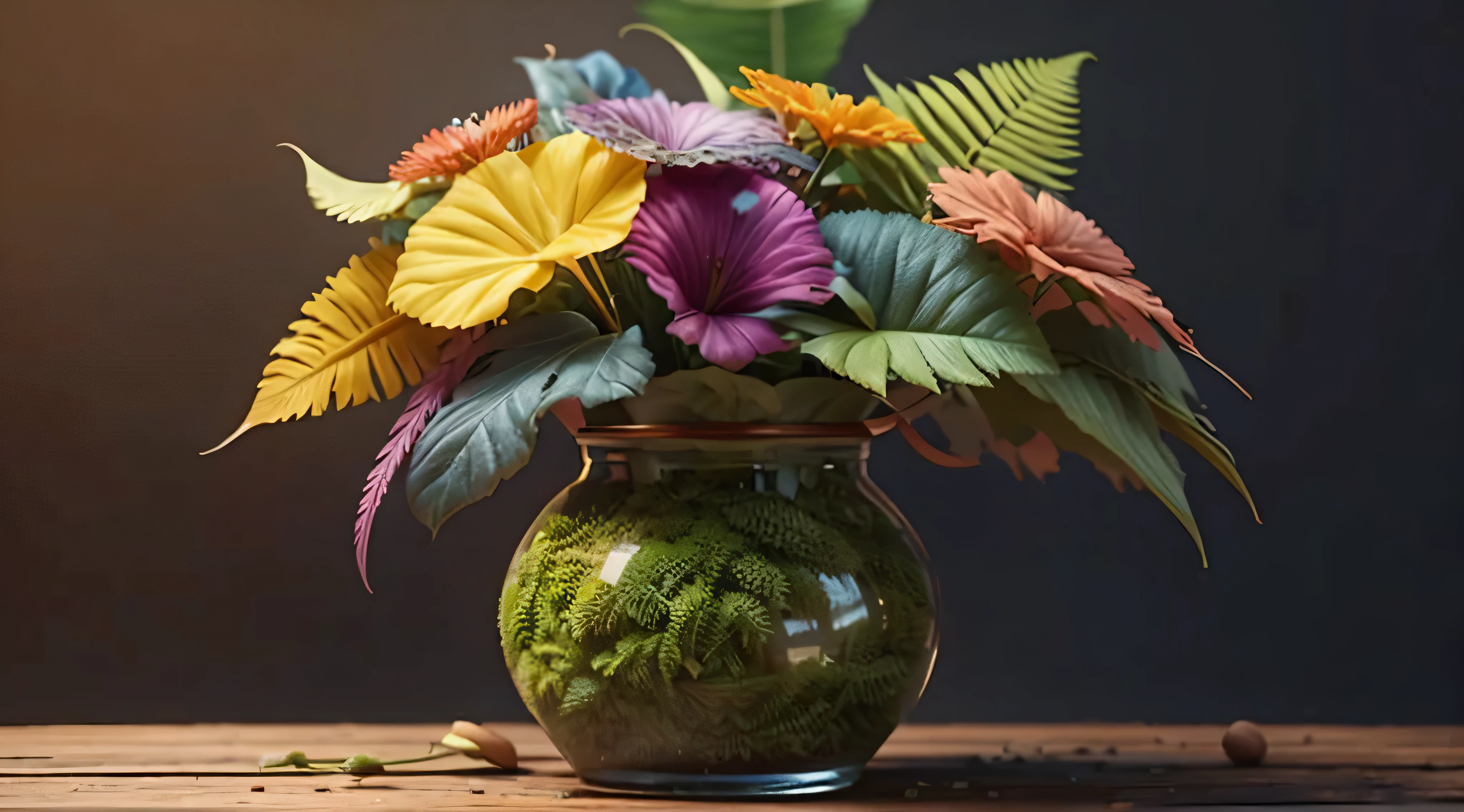 a vase of fern hanging, many ferns, colorful ferns, rainbow, realistic, high quality, sharp focus, high details,