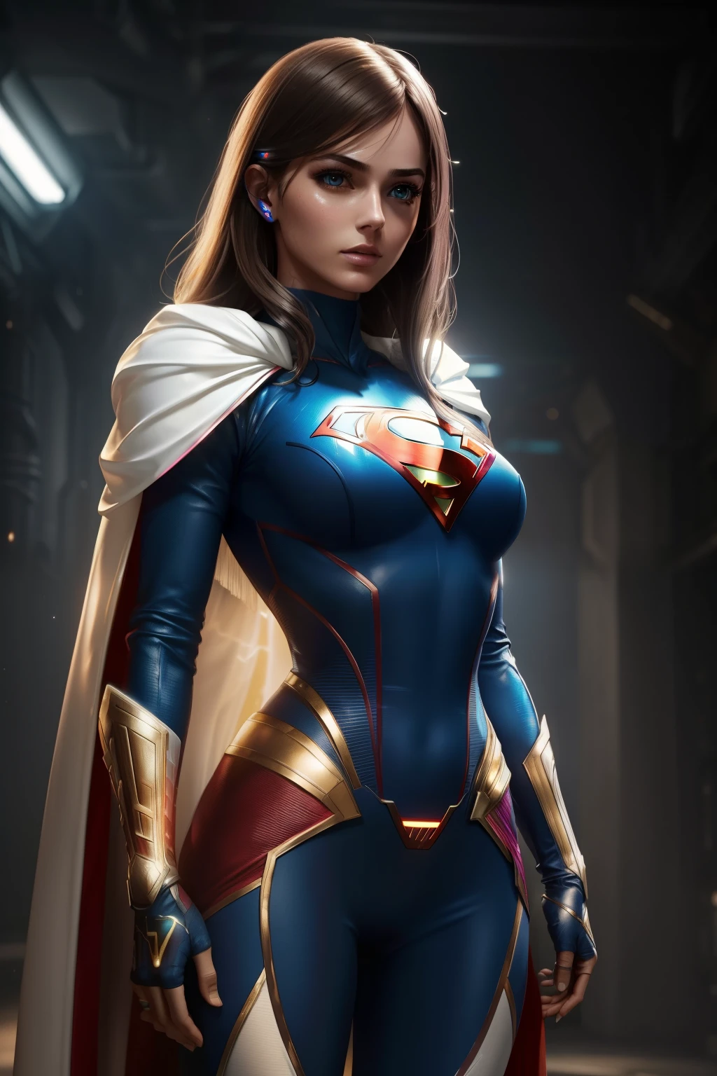Bust to waist ((perfect face)) perfect skin, hyperrealistic masterpiece, Superheroine european girl ((fringe glowing colorful)) in extremely complex & superdetailed tight plugsuit ((with white cape)), cinematic illumination: 8k, (((biologicpunk aesthetic style::1)))