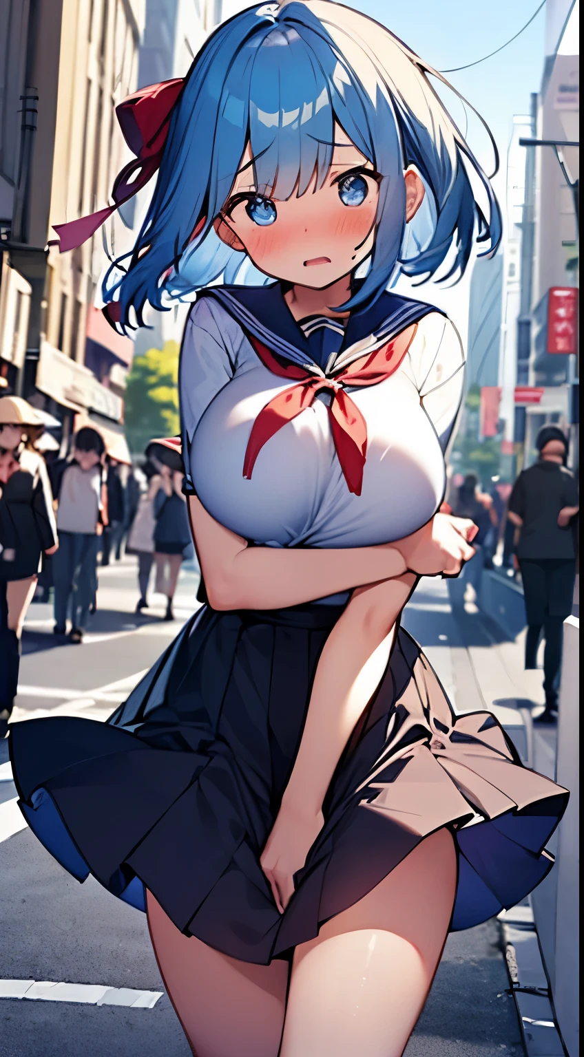 1womanl,Blue hair,Beautiful hands、In the street、Bustling street、Crowds、main street、Red ribbons ,((Surprised look)),Beautiful breasts,very Bigger breasts、Blue eyes、huge tit、a sailor suit,blue pleated skirt very short pleated skirt,well-styled,Slender thighs,beautiful legs、(Facing the front)(((Blushing cheeks、embarassed expression)),(((The skirt is rolled up by the wind)))、Long bob cut、Rem of Rezero、No panties、No panties、No bra、Black pantyhose